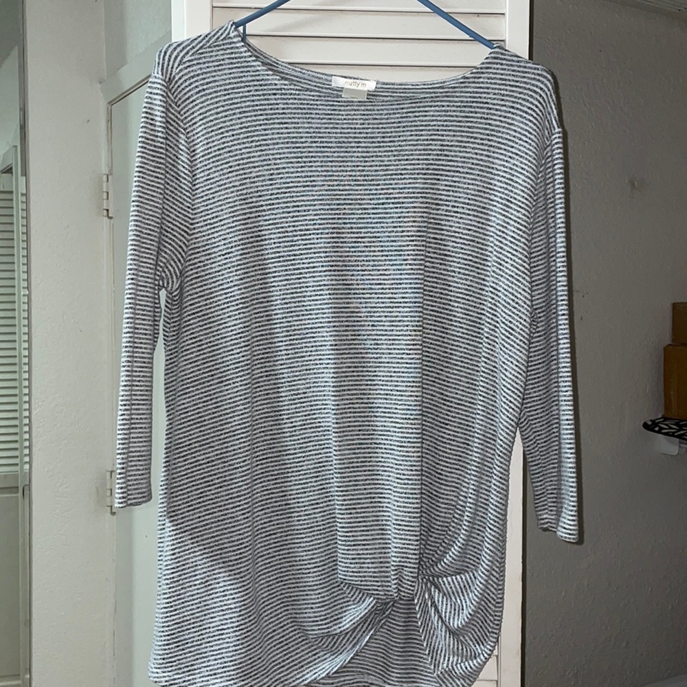 Grey and White Striped Long Sleeve Blouse